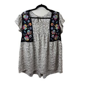 ODDY Women's Size XL Beige/Black Dots Embroidered Tie Neck Cap Sleeve Blouse Top